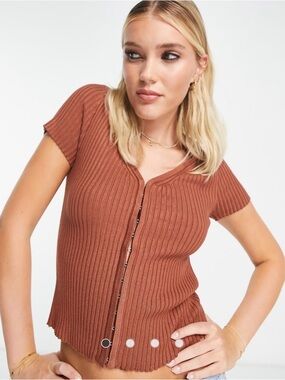 Abercrombie & Fitch short sleeve cardi top in brown / orange